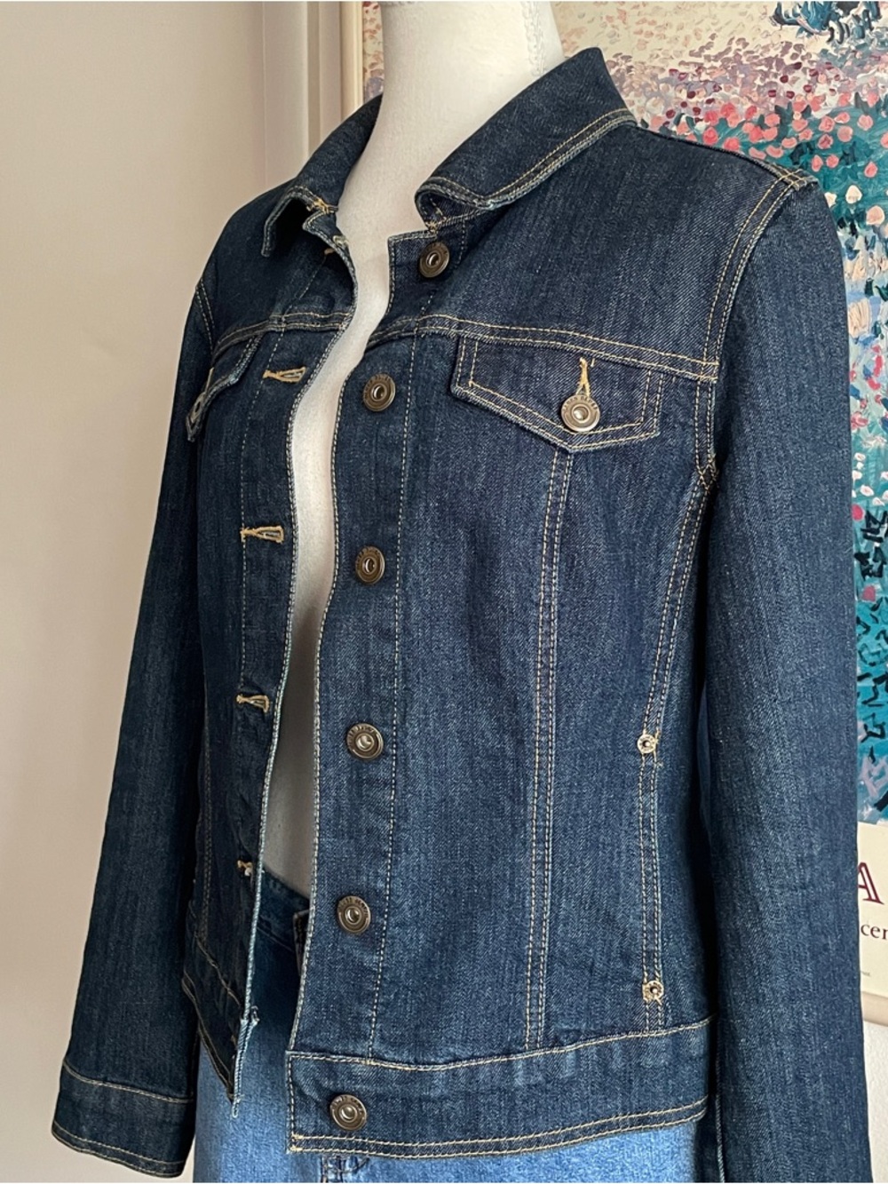 Vintage Y2K Dark Wash Denim Jean Jacket Medium Classic Indie Model Off Duty 90s - Picture 4 of 16